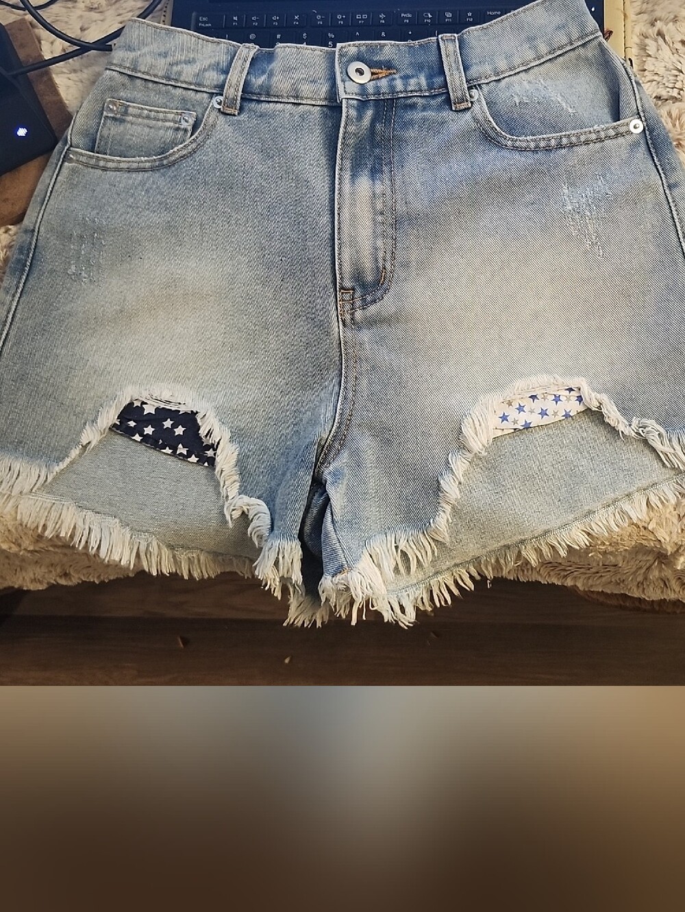 Light Wash Distressed Denim Shorts with Star Patch Pockets